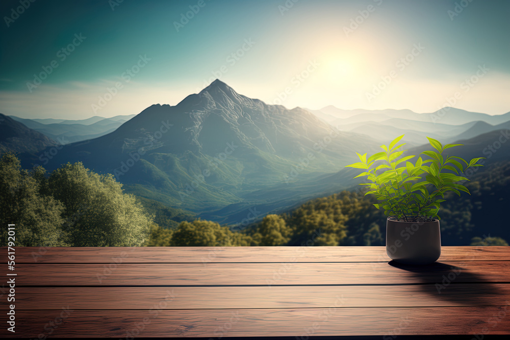 Sticker Table background with blank space for your decoration and a hazy mountainscape. Sunlight, green leaves, and a blue sky can be seen. Generative AI