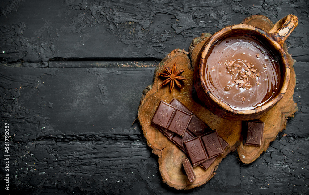 Poster hot chocolate with cinnamon sticks.