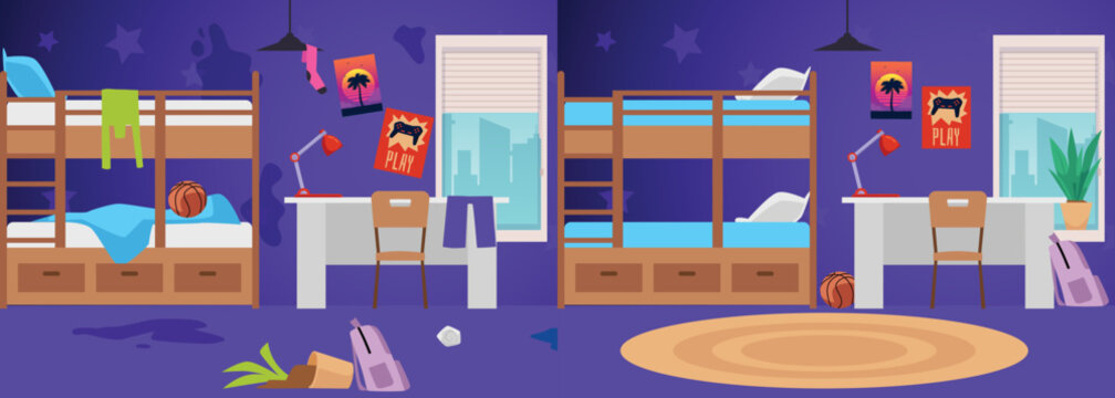 Dirty Messy Kids Room With Dirty Walls And Clothes, Flat Vector Illustration.