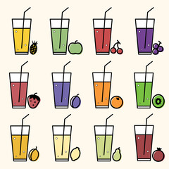 Set of 12 icons of fruit juices. Vector illustration