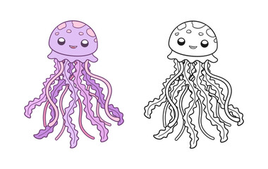 Happy smiling jellyfish outline set vector art illustration. Underwater marine animal cartoon design. Coloring book page activity for kids © Aletheia Shade