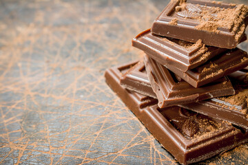 Chocolate slices with cocoa powder.