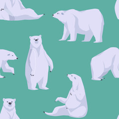 Seamless decorative winter pattern with polar bear in various poses flat vector.