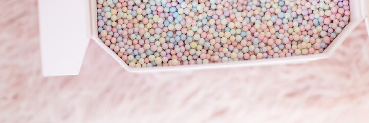 Horizontal long banner for web design with gift box. Greeting card Festive holiday pastel backdrop....