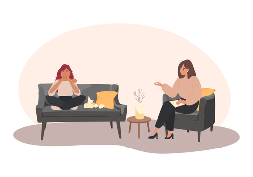 Psychotherapy, unraveling complex situations, concept of social psychiatry. Female, woman patient with psychologist or psychotherapist sitting on sofa, Psychotherapy session. Mental health, depression