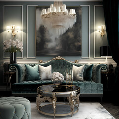 Living room interior design, luxurious and glamorous style, furniture, hotel, generative ai