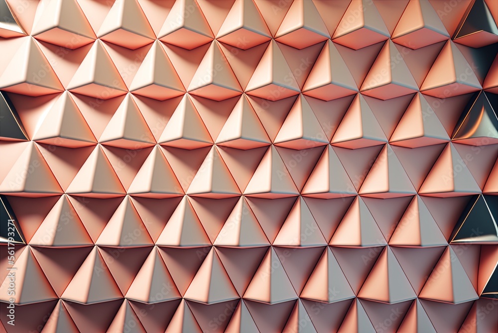 Poster tiled, futuristic, triangular walls. blocks of peach color stand out on a background of polished til