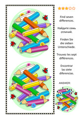 Difference game with colored pencils, sewing buttons and ladybugs. Answer included.
