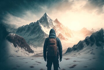 Winter mountain traveler dude, adventure trip Generative AI