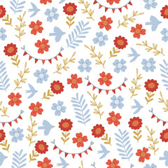 Seamless pattern with flowers, leaves, birds, garlands on white background