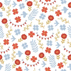 Gordijnen Seamless pattern with flowers, leaves, birds, garlands on white background © miumi