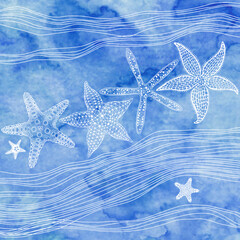 Fototapeta na wymiar Marine background. Vector illustration. Waves, starfish on a blue watercolor background. Can be used creating card or invitation card. Line art.