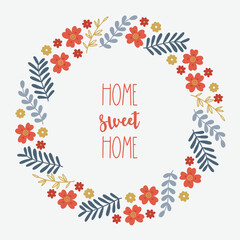 Floral greeting card with leaves, branches and flowers. Scandinavian style