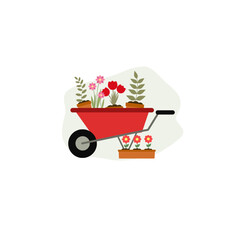 Garden red wheelbarrow with plants in brown pots with flowers. Vector illustration, garden tools, planting plants, garden decoration. - obrazy, fototapety, plakaty