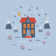 Christmas greeting card with house, mountains, berries, moon, snowflakes