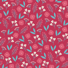 Valentine seamless pattern with flowers, leaves, hearts, rosesr. Vector illustration