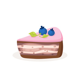 A piece of chocolate cake with blueberry. Decoration for menu