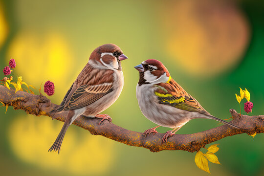 Beautiful couple of house sparrows (Passer domesticus) with vibrant colors standing on a branch. Cute birds in love, male and female garden birds looking at each other on a natural environment. Spain