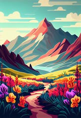 illustration, valley with flowers and mountains of intense colors, fantasy, image generated by AI