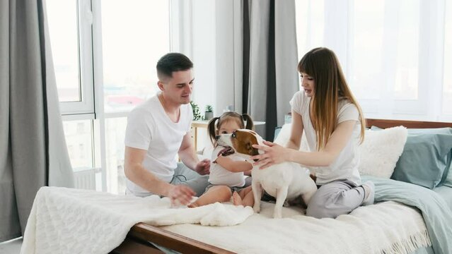 Young parents playing with little daughter and cute dog in the bed smiling and hugging pet. Happy family with little girl kid in the room with daylight. Father, mother and child spend time together