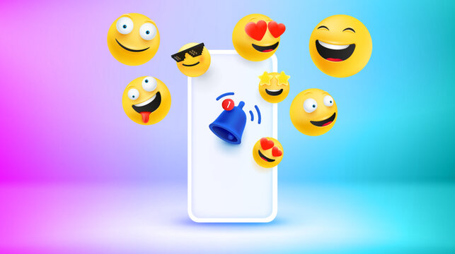 Modern smartphone with emojis. New messages concept. Vector 3d banner 