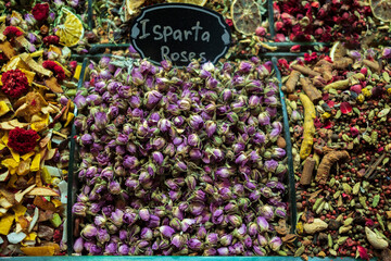 Closed up dried pink roses at market stall in Grand Bazaar where roses are very famous for fragrance industry in Isparta Turkey.