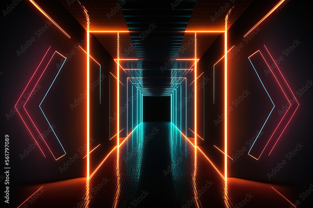 Poster sci fi neon lights in a tunnel of darkness reflections in the walls and on the ground. the backgroun