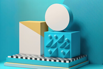 Illustration of a mock up podium with a geometric design for a product presentation on a blue background. Generative AI