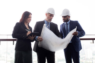 Senior architect and secretary inspector check blueprint and structure with contractor together at office, executive and supervisor or engineer planning project, industry and construction concept.