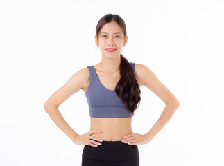 Portrait of beautiful young asian woman in sportwear smile and showing waist and abs isolated on white background, sport and exercise for health, female slimming with confident and wellness