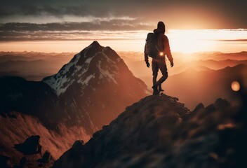 image of a man reaching the summit of a mountain, with the sun setting behind him, representing the idea of achieving a goal after hard work and perseverance (AI)