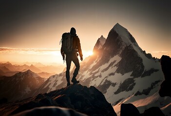 Fototapeta premium image of a man reaching the summit of a mountain, with the sun setting behind him, representing the idea of achieving a goal after hard work and perseverance (AI)