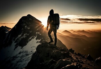 image of a man reaching the summit of a mountain, with the sun setting behind him, representing the idea of achieving a goal after hard work and perseverance (AI) - obrazy, fototapety, plakaty