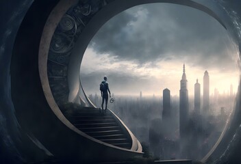 mage of a person taking one step at a time on a spiral staircase, with a background of a city skyline, representing the idea of gradual development and progress (AI)