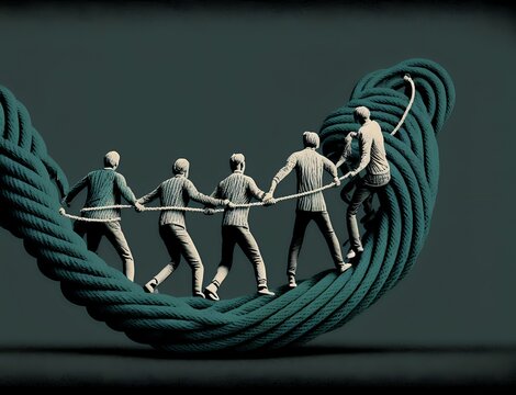 image of a team of people holding a rope and pulling together, representing the idea of teamwork and cooperation (AI)