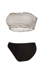 Subject shot of a two-piece black and white swimsuit composed of black low-rise bikinis and a striped bra bandeau with curly edge. The photo is made on the white background. Side view.