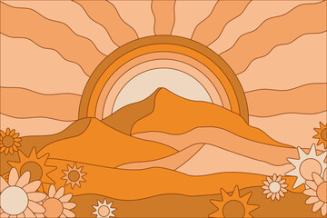 Vector illustration in simple line style - boho hippie abstract print - simple natural landscape with mountains and hills