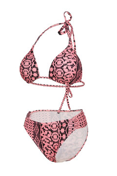 Subject shot of a two-piece black and pink swimsuit with abstract pattern composed of low-rise bikinis and a bra with a neck strap. The photo is made on the white background. Side view.