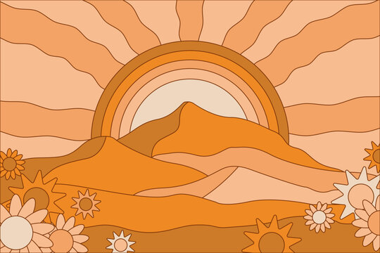 Vector illustration in simple line style - boho hippie abstract print - simple natural landscape with mountains and hills