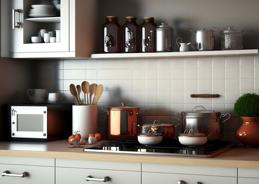 photo of a modern kitchen with various kitchenware items such as pots, pans, utensils, and appliances, arranged on countertops and cabinets, representing the idea of a well-equipped kitchen (AI)