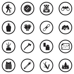 Trekking Icons. Black Flat Design In Circle. Vector Illustration.