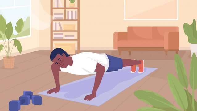 Animated home workout. Young man doing push ups. Building muscles. Looped flat color 2D cartoon character animation with living apartment interior on background. 4K video with alpha channel