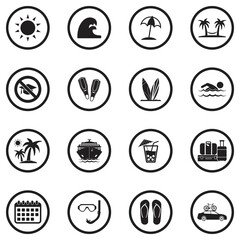 Summer Break Icons. Black Flat Design In Circle. Vector Illustration.