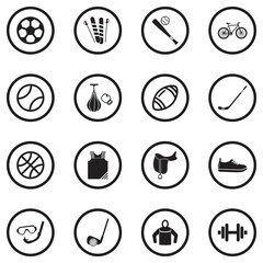Sport Store Icons. Black Flat Design In Circle. Vector Illustration.