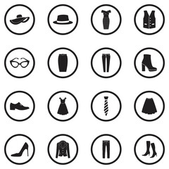 Stylish Clothes Icons. Black Flat Design In Circle. Vector Illustration.