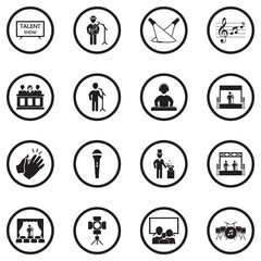 Talent Show Icons. Black Flat Design In Circle. Vector Illustration.