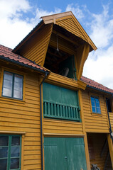 Fototapeta na wymiar wooden loading bay on a traditional Norwegian wharf house. Norheimsund, Western Norway