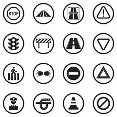 Traffic Rules Icons. Black Flat Design In Circle. Vector Illustration.