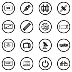 Television Icons. Black Flat Design In Circle. Vector Illustration.