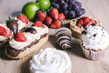 fruit cake strawberry grape with wooden background